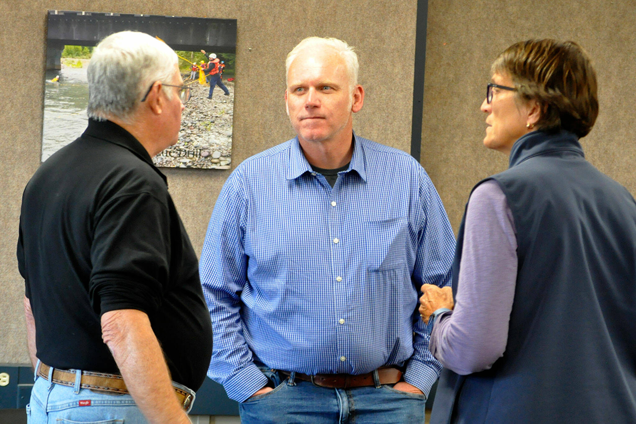 Sequim Gazette photo by Matthew Nash/ Kevin Van De Wege, a candidate for the Commissioner for Public Lands, center, answers questions before a forum July 25 for the Olympic Peninsula Fire Commissioners Association from Clallam County Fire District 3 board chairman Jeff Nicholas and Jefferson County Fire Protection District 2 commissioner Marcia Kelbon, also a candidate for Van De Wege’s current senate seat. Van De Wege last week resigned his senate position.