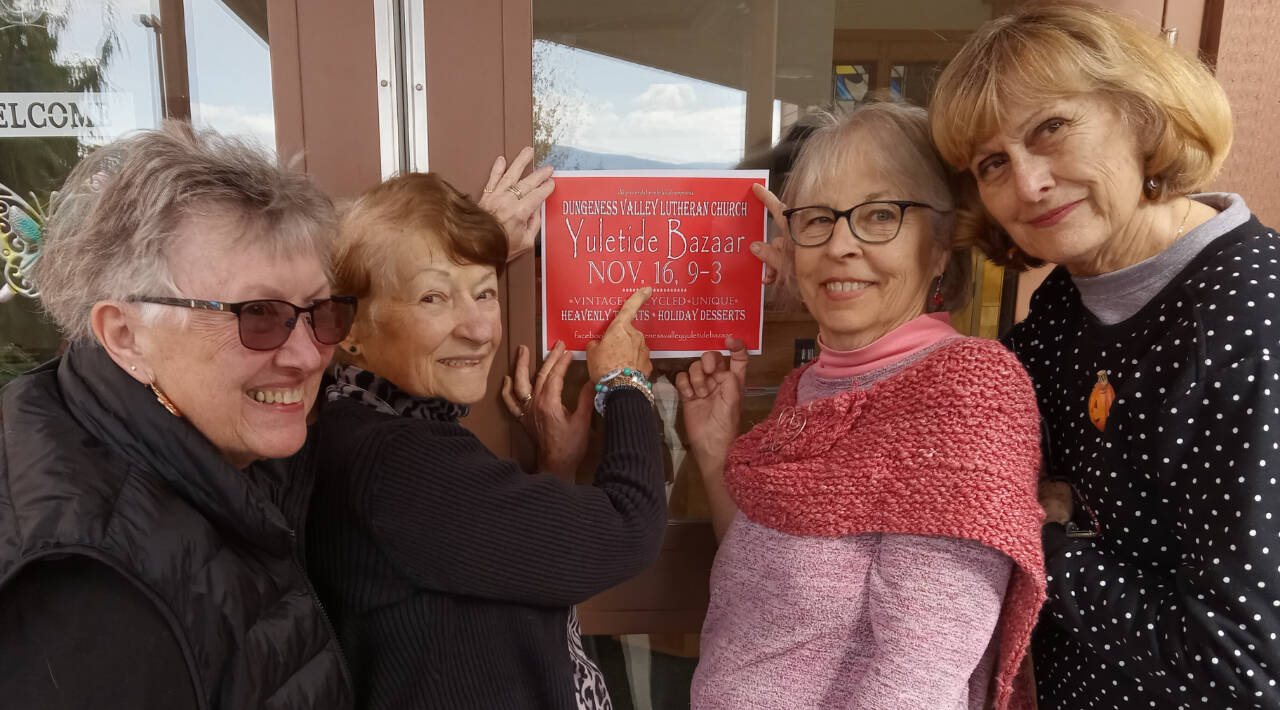 Photo courtesy of Dungeness Valley Lutheran Church
Members of the Dungeness Valley Lutheran Church Yuletide Bazaar craft group — from left, Myrna Juergens, Joelle Cooper and Sue Brock, all of Sequim, and Candice Olsen of Port Angeles — prepare for the group’s event, set for Nov. 16.