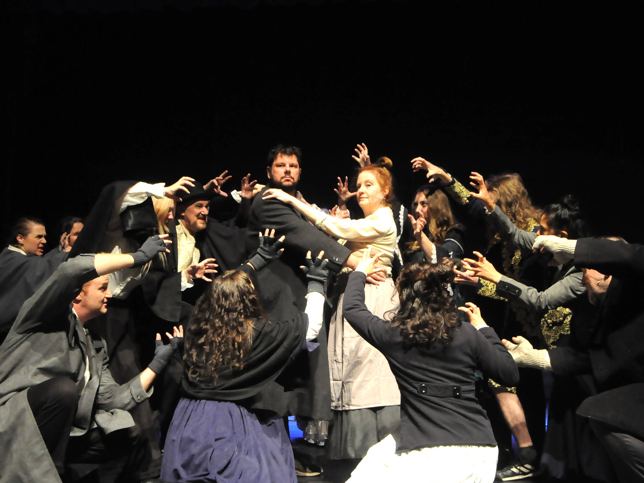 Sequim Gazette photos by Matthew Nash
Kyle Bartholick-LeMaire (Sweeney Todd) and Angela Poynter (Mrs. Lovett) join the company for “The Ballad of Sweeney Todd” at a rehearsal for “Sweeney Todd.” The show opens Halloween and goes through Nov. 9 at Sequim High School.