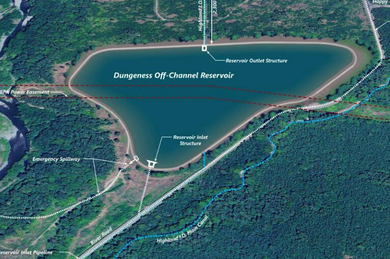 Graphic courtesy Clallam County
One of the new design options (E4) for the Dungeness Off-Channel Reservoir could hold up to 1,600 acre-feet of water in the winter for distribution in the late summer/early fall for irrigators with water rights. This proposal would depend on receiving approval from the Bonneville Power Administration (BPA) to move power lines.