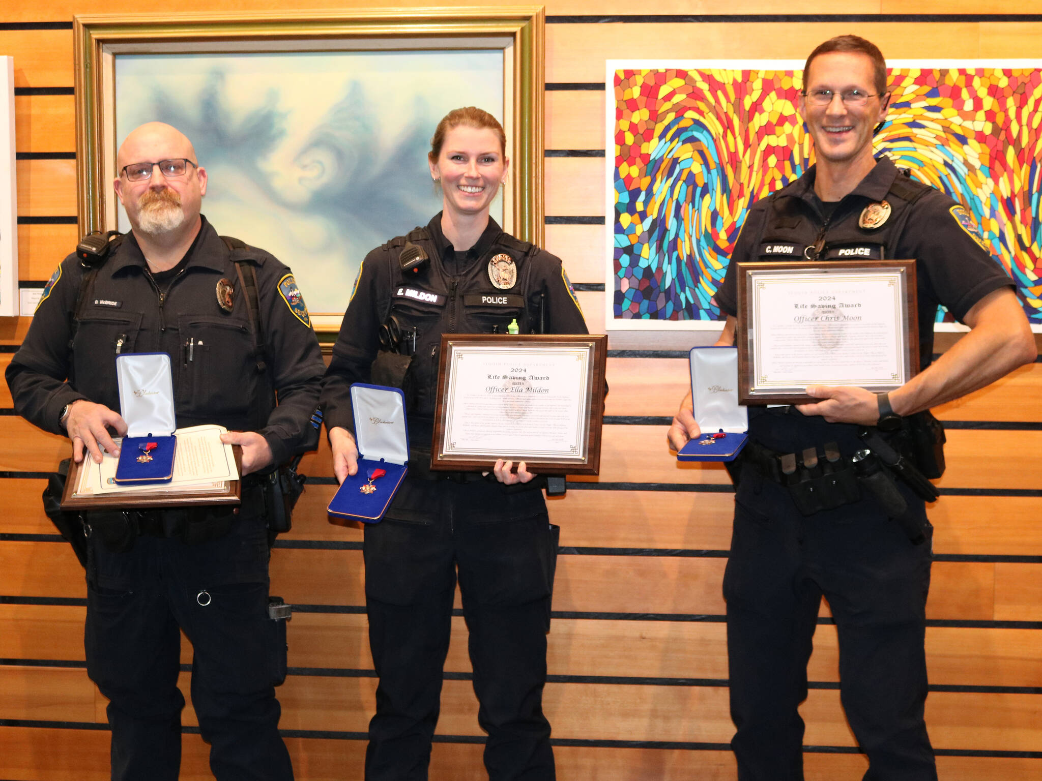 Photo courtesy Barbara Hanna
City of Sequim/ Sequim Police officers, from left, Devin McBride, Ella Mildon, and Chris Moon received 2024 Lifesaving Awards on Oct. 28 for their medical response to help a man after he was hit by a truck on U.S. Highway 101.