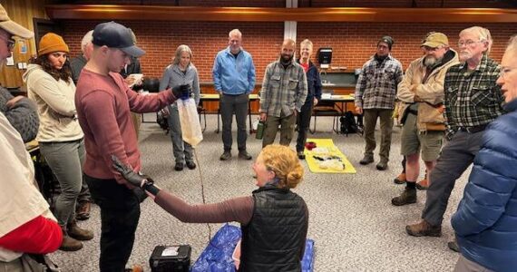 Photo courtesy of Clallam County Sheriff’s Search and Rescue Team / Instructor April Grisetti of Peninsula Wild Med foreground, leads a two-day Wilderness First Aid training course in early November.