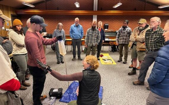 Photo courtesy of Clallam County Sheriff’s Search and Rescue Team / Instructor April Grisetti of Peninsula Wild Med foreground, leads a two-day Wilderness First Aid training course in early November.