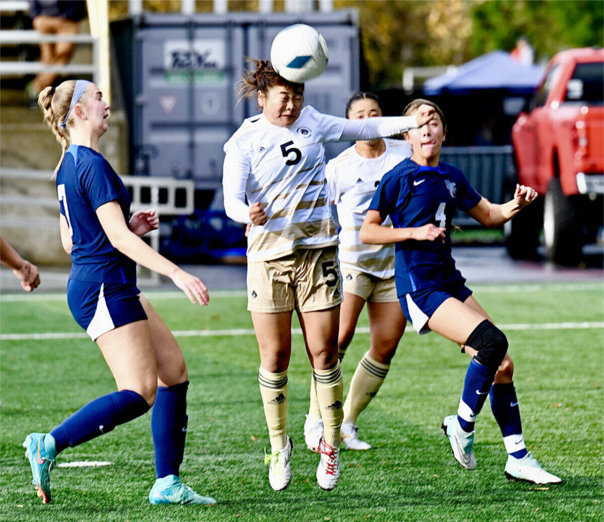 Photo courtesy Jay Cline/ Peninsula College
Risa Nishida (5) heads the ball against Bellevue on Nov. 17 at the Starfire Soccer Complex in Tukwila where the Pirates beat Bellevue 1-0 for their sixth NWAC championship.