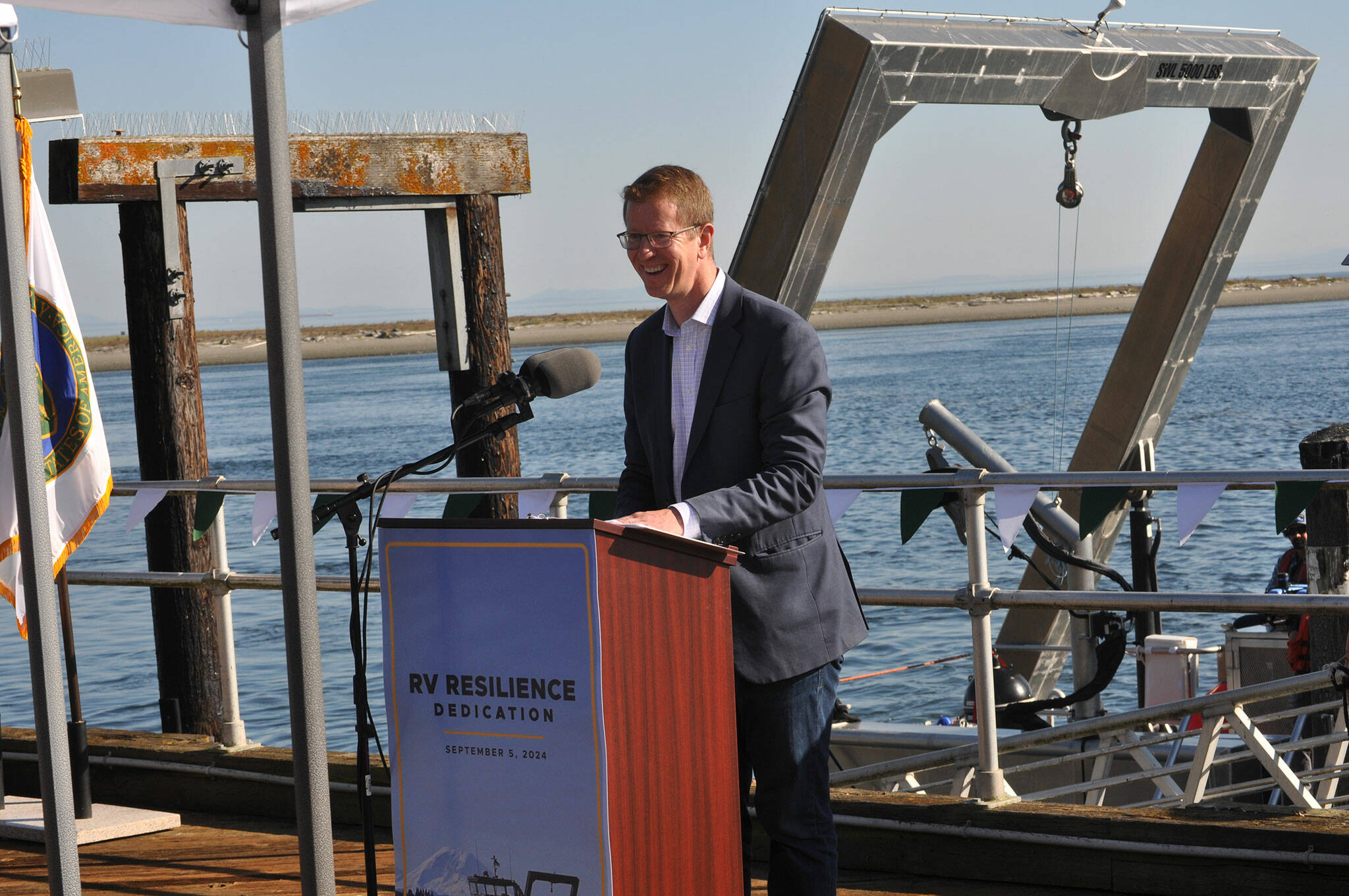 Sequim Gazette file photo by Matthew Nash
Congressman Derek Kilmer speaks on Sept. 5 at the dedication of the RV Resilience, the first hybrid vessel for the Department of Energy, at PNNL-Sequim. Following his term in office, he plans to work on economic opportunity for the Rockefeller Foundation.