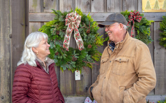 Sequim Gazette photo by Emily Matthiessen
Outside the Christmas Barn at Lazy J Tree Farm, Ann and Steve Johnson smile at each other in front of wreaths Ann prepares with two other women for the Christmas season. Ann says they sell about 70 a year.