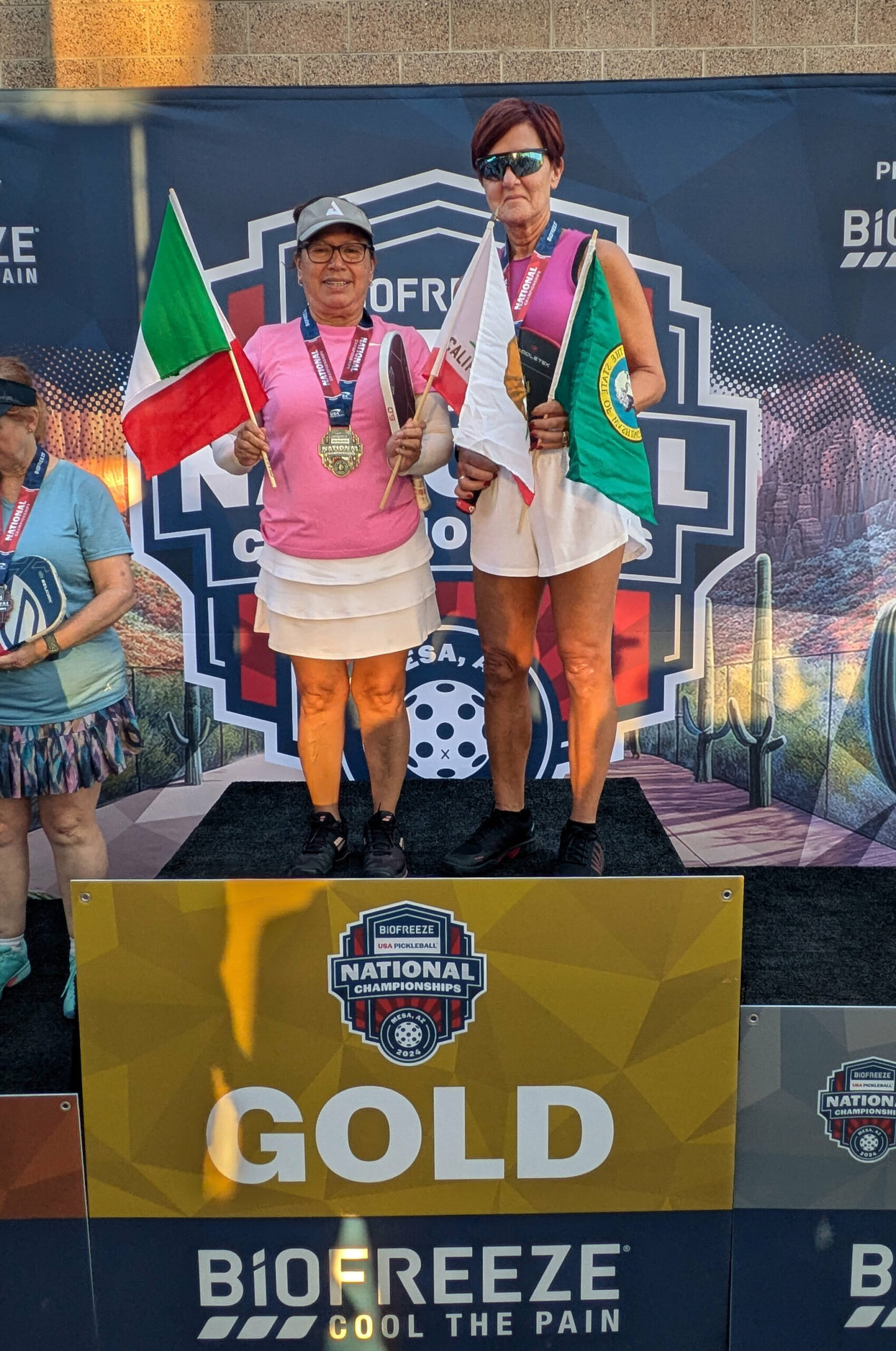 Photo courtesy Pauline Geraci/ Pauline Geraci of Sequim, on right, won the women’s doubles tournament gold for ages 65-69, 4.0-4.5 level with Consuelo Felix of Oak Hills, Calif., on Nov. 10 at the 2024 Biofreeze USA Pickleball National Championships. With the win, she automatically qualifies for the 2025 National Championships.