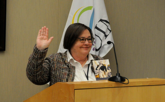 Sequim Gazette file photo by Matthew Nash
Kathy Downer takes her oath office for Sequim City Council seat No. 1 on Jan. 8, 2024 in the council chambers. She plans to resign this month after three-plus years on the council to spend time with family.