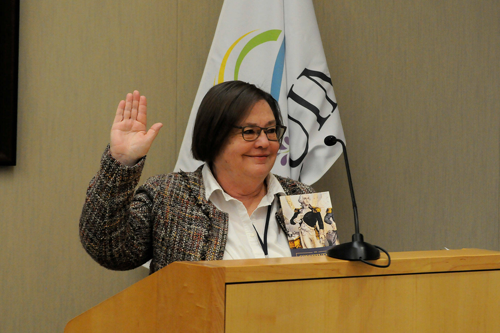 Sequim Gazette file photo by Matthew Nash
Kathy Downer takes her oath office for Sequim City Council seat No. 1 on Jan. 8, 2024 in the council chambers. She plans to resign this month after three-plus years on the council to spend time with family.