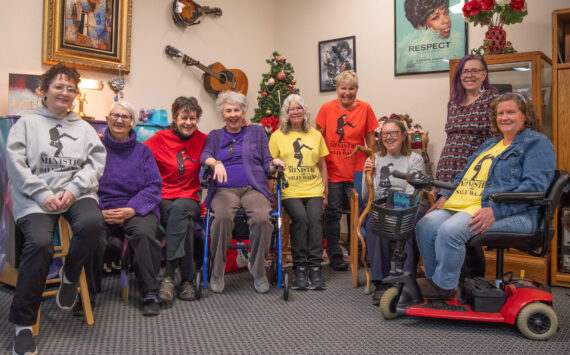 Sequim Gazette photo by Emily Matthiessen
At their latest get-together, the Sequim MS (multiple sclerosis) Support Group joked that they consider themselves “the ministry of silly walks,” referencing a Monty Python sketch. From left to right: Kelly St. Clair, visitor Ely Springer, Jill Osborn, Diane Reaves, Susan Hedding, Lori Jacobs, Linda Plenart, Wendy Valentine and Dani Goulding.