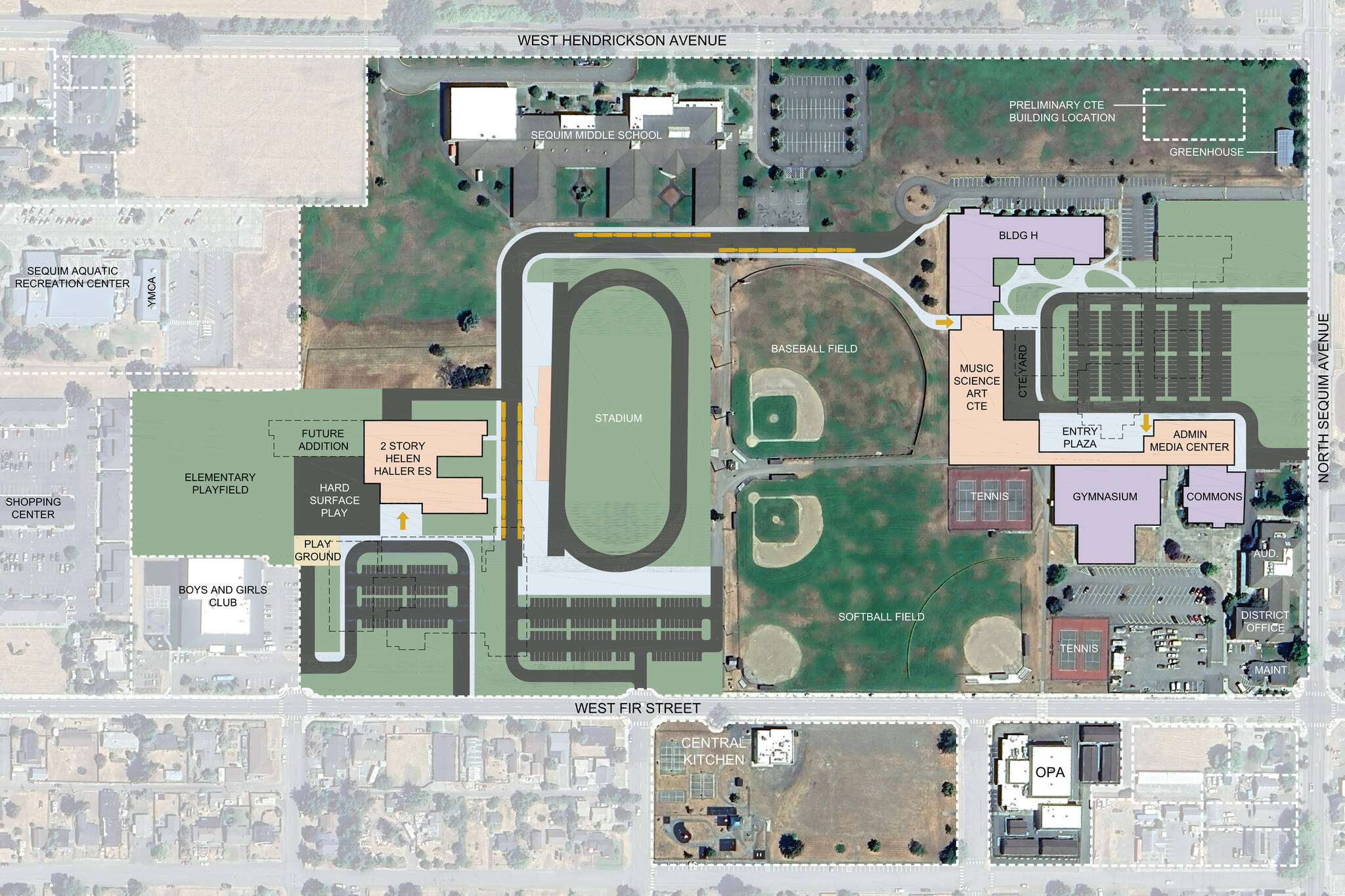 Image courtesy Sequim School District/ A conceptual layout from Sequim School District’s main campus shows where the proposed $145.95 million bond could move facilities, such as a new building for Helen Haller Elementary behind its existing facility, and an enclosed Sequim High School campus. District staff said no design elements have been set, and they need to pass the bond before anything is determined.